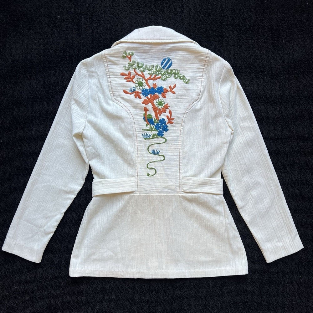 Vintage Trolley Car Embroidered Jacket S Belted Tree Bird Motif ILGWU Boho Indie